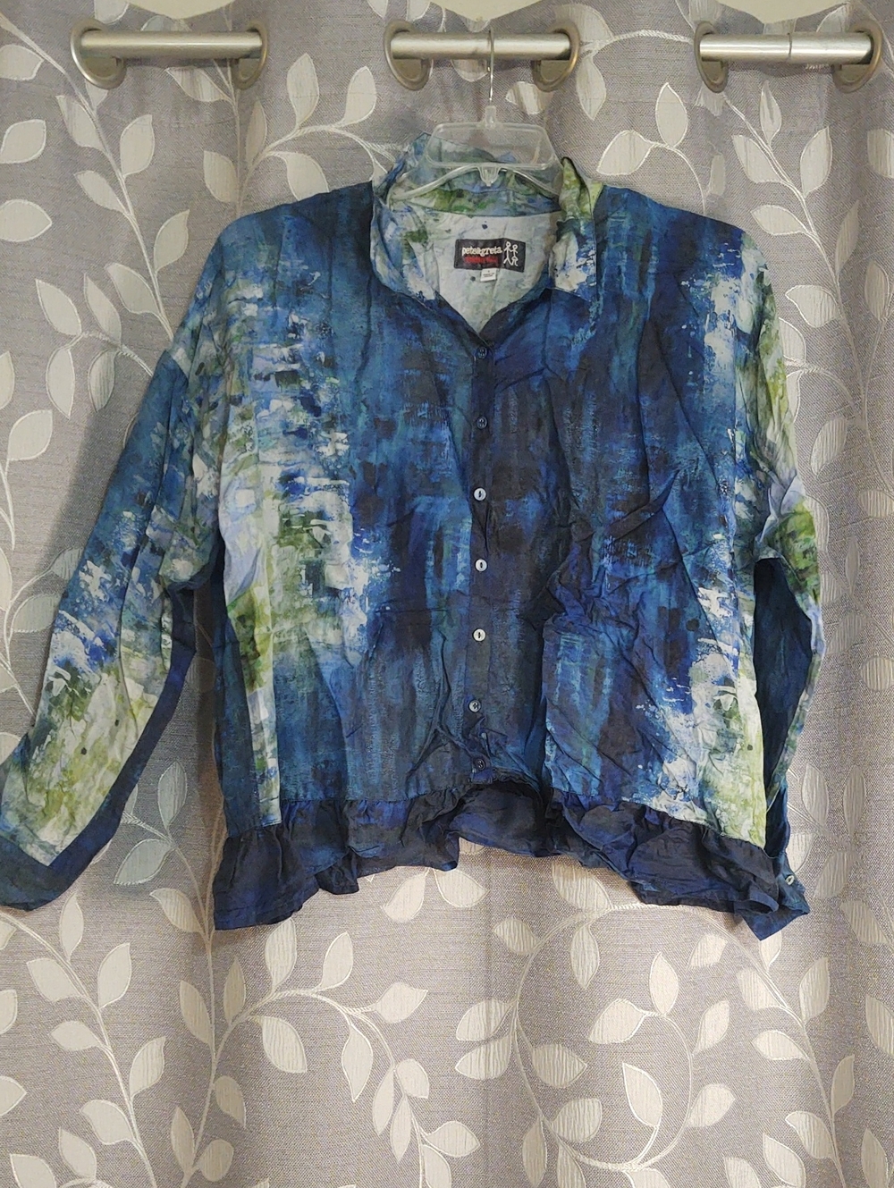 Johnny Was Womens Blue & Green Abstract Button-Up Silk Shirt size L
